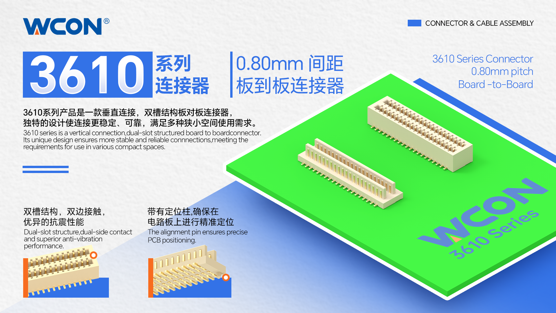 3610系列板对板连接器：0.80mm间距，支持双向对配的高密度解决方案